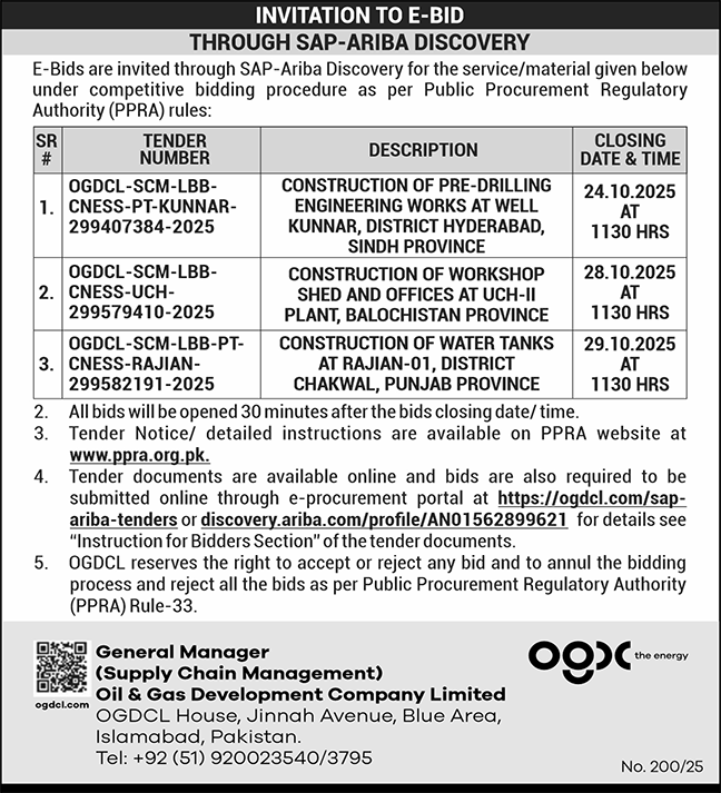 Oil & Gas Development Company Limited Islamabad Tender Notice